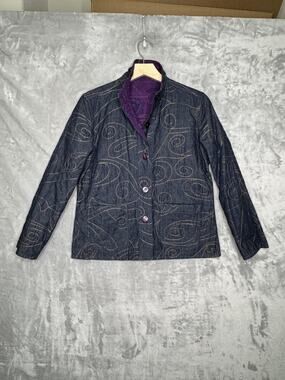 Casual Studio Jacket Womens Small Blue Denim Quilted Reversible Floral Boho